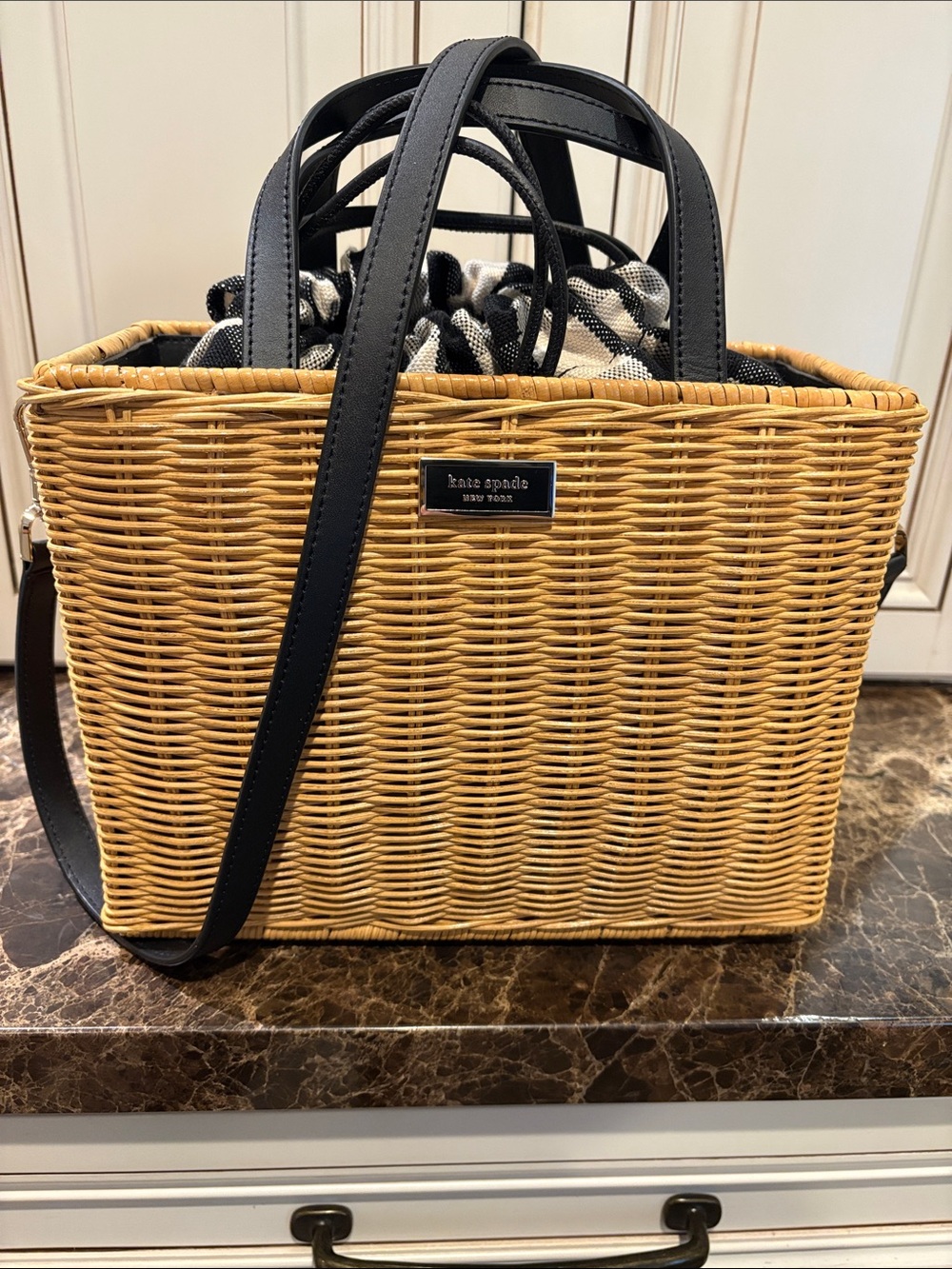 kate spade Natural Wicker Tote with Black Leather Trim